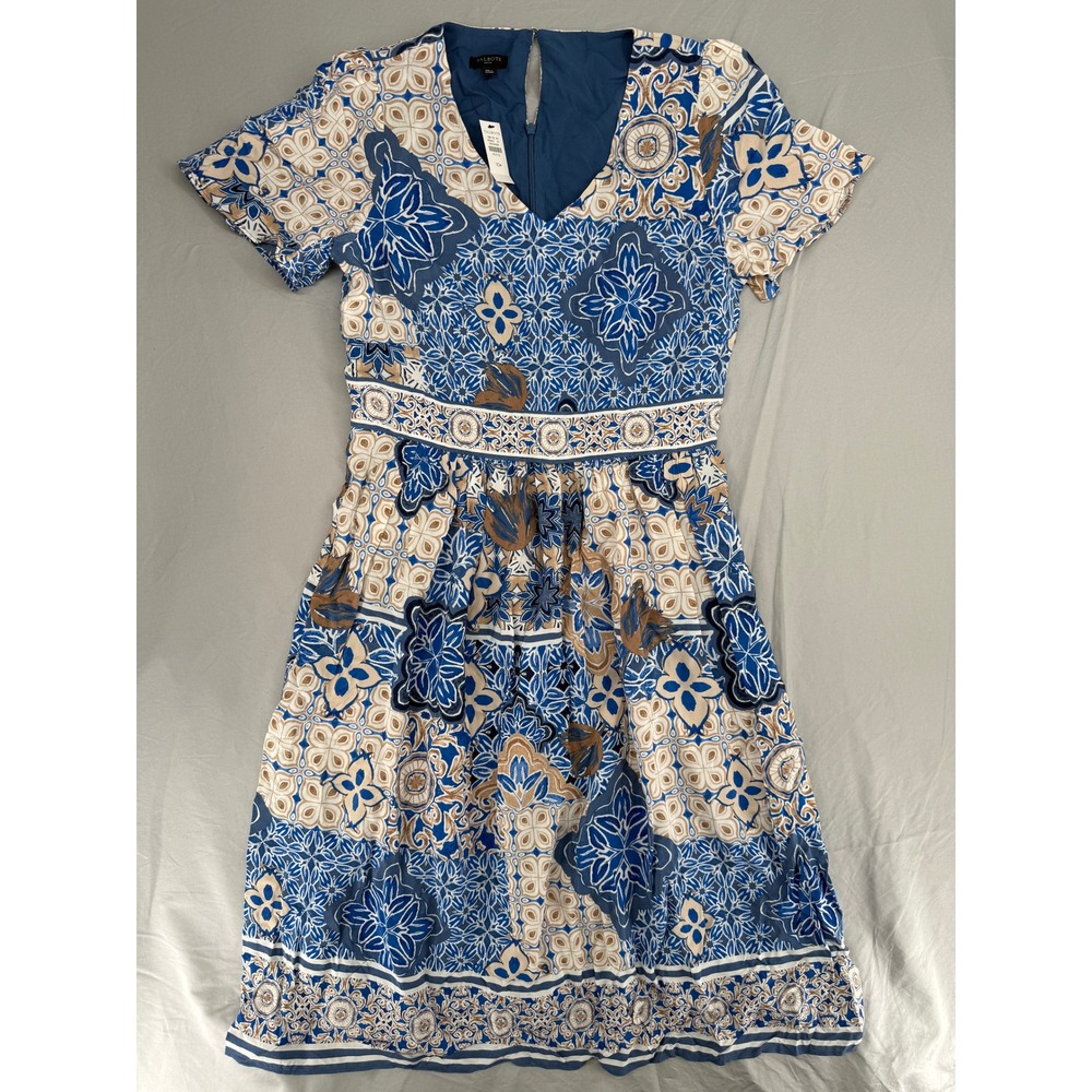 Talbots Petite Blue Mosaic Tile Print Fit & Flare Dress V-Neck Pockets 10P NEW